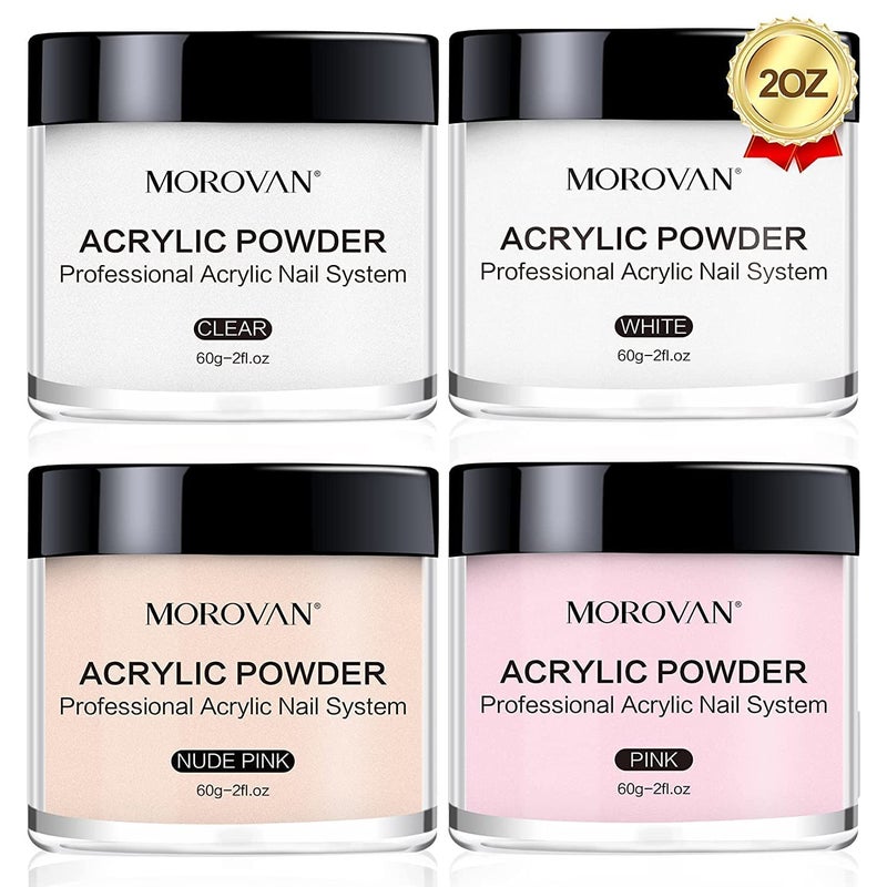 Morovan Acrylic Nail Powder Set 4 Colors Clear Nude Pink White Acrylic Powder for Nail Extension Carving
